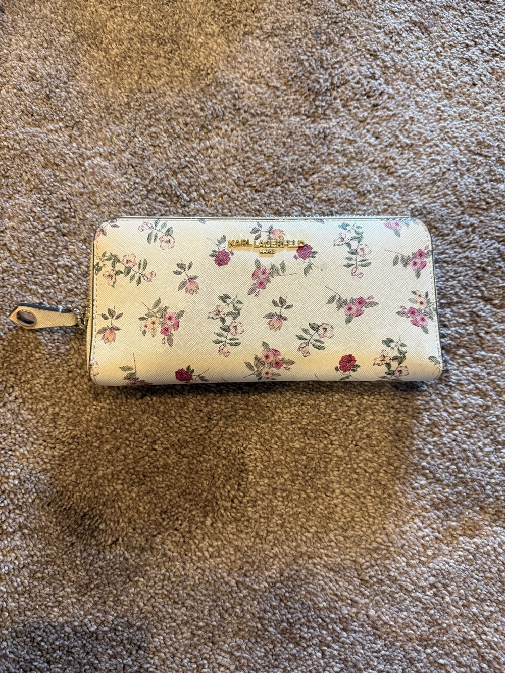 Karl Lagerfeld Cream Floral Zip Wallet with Gold Logo